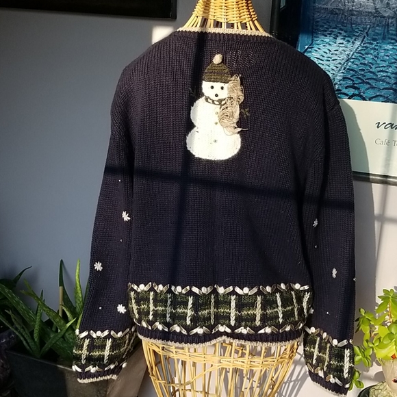 Vintage Holiday Christmas Embroidered Snowman Blue Button Down Sweater - Picture 3 of 7
